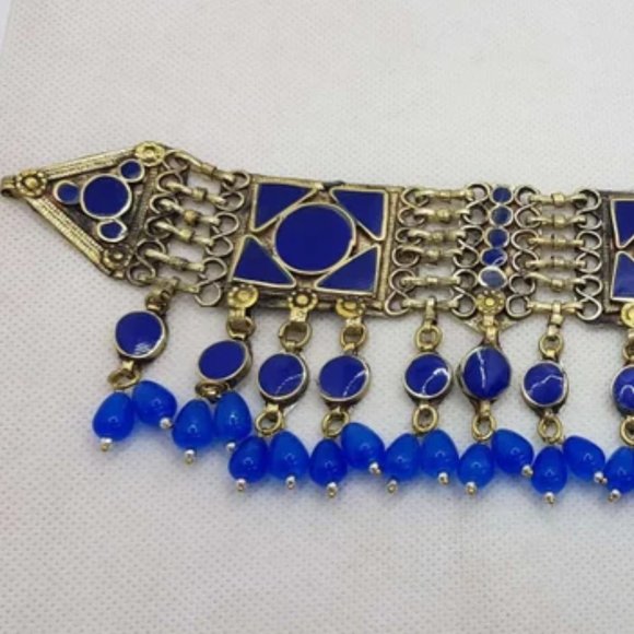Blue Choker Necklace With Dangling Beads, Handmade Kuchi Necklace, Statement - Picture 2 of 6